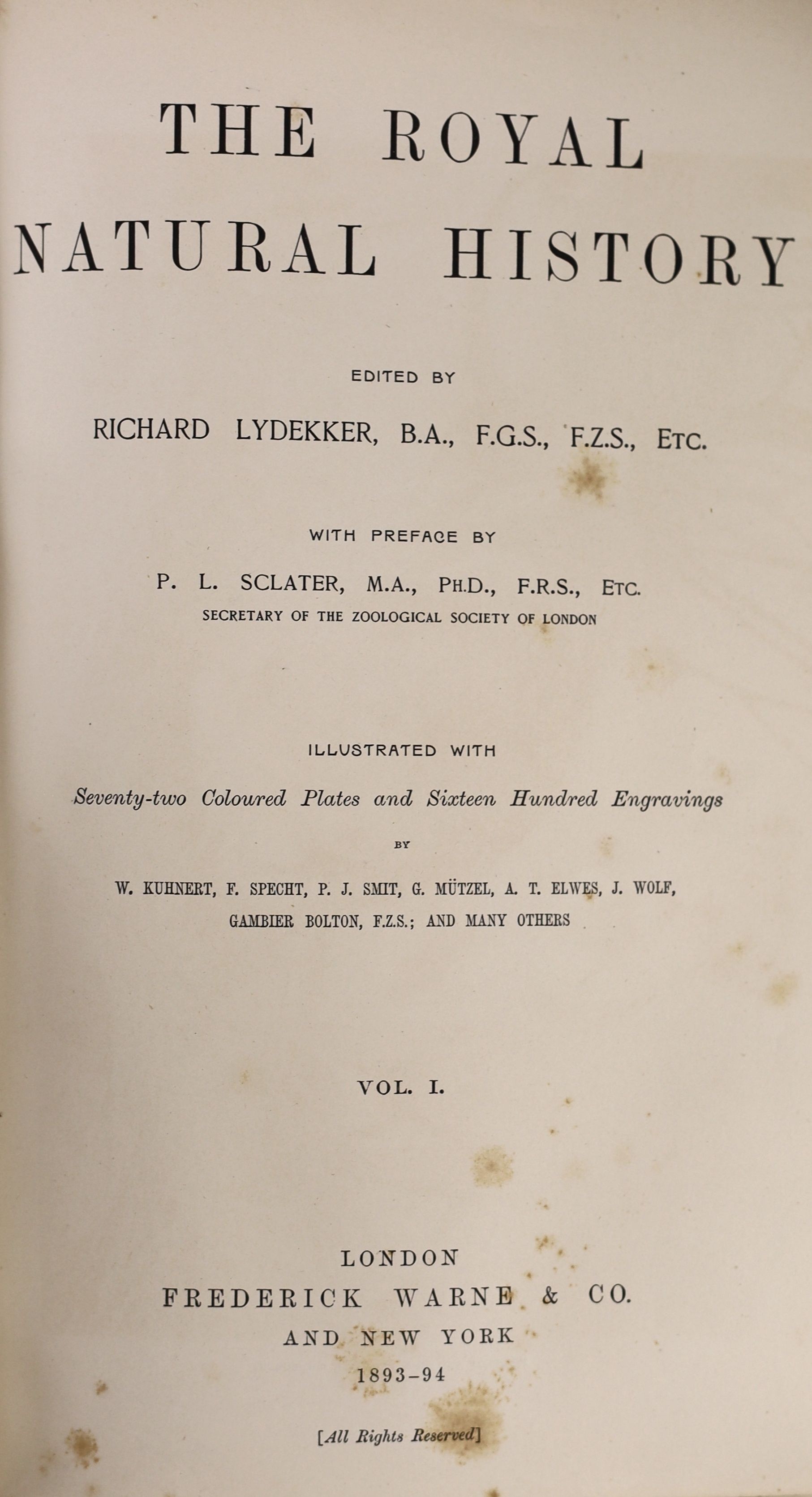 Lydekker, Richard (editor) - The Royal Natural History, 1st edition, 6 vols, 4to, half green morocco, with 66 chromolithographs, Frederick Warne & Co., London, 1893-96